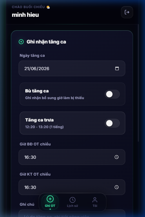 Giao diện báo cáo OT